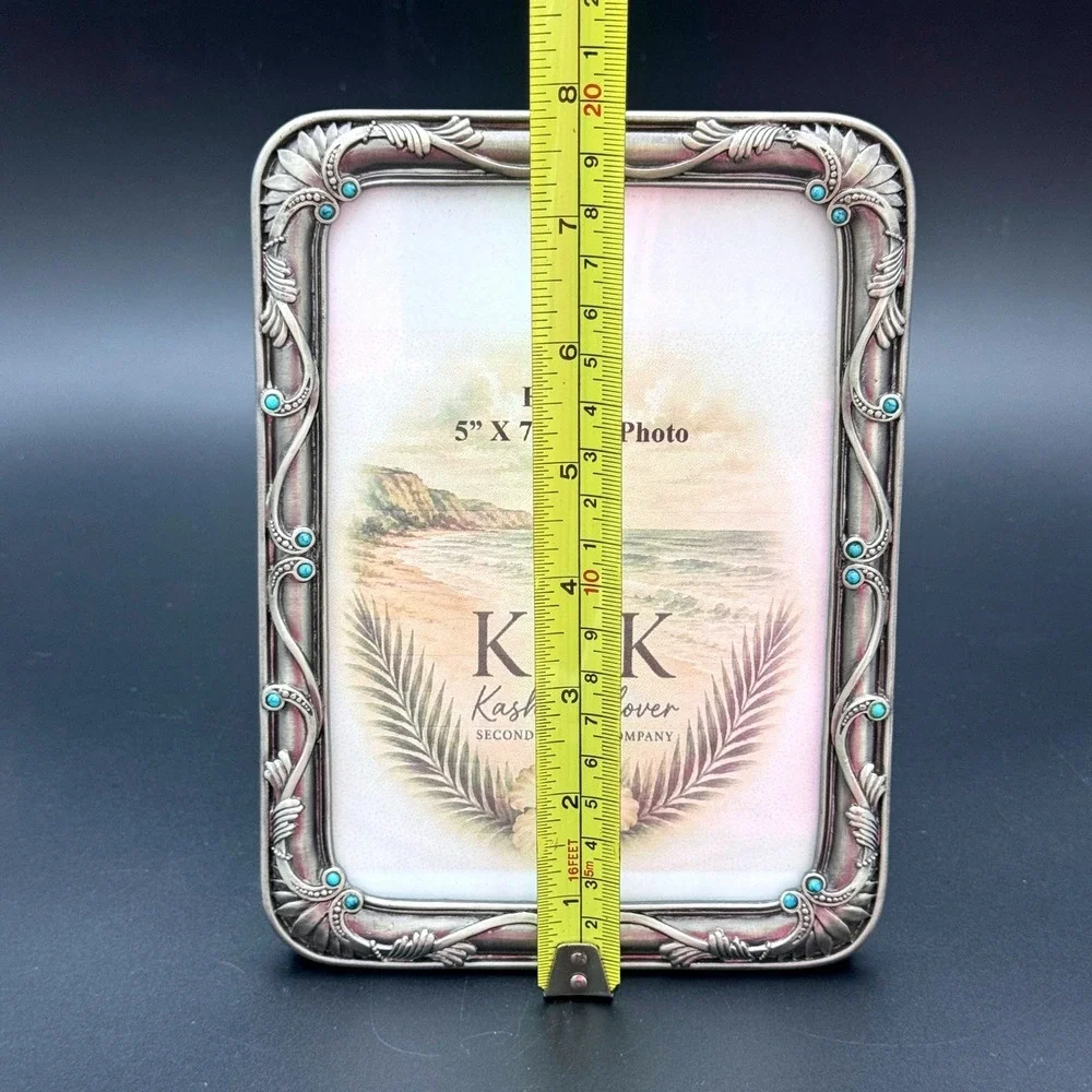 Ornate Turquoise Beaded Silver Tone Photo Frame 5x7 Vintage Style Tabletop Decor